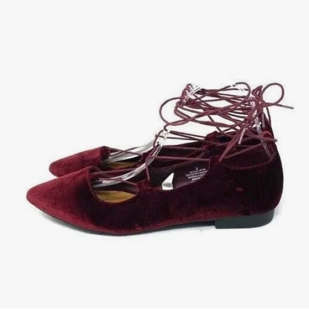 Lace-Up Pointed Toe Velvet Flat - Burgundy